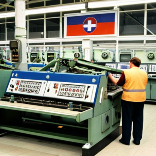 Home 4 **
"A bustling Slovakian factory floor in the early 1990s, showing a mix of old, outdated machinery and newer, modern equipment being installed. Slovakian workers are being trained on the new technology, with a sense of hope and determination on their faces. In the background, a billboard displays slogans encouraging foreign investment with Euro symbols and the Slovakian flag."
**