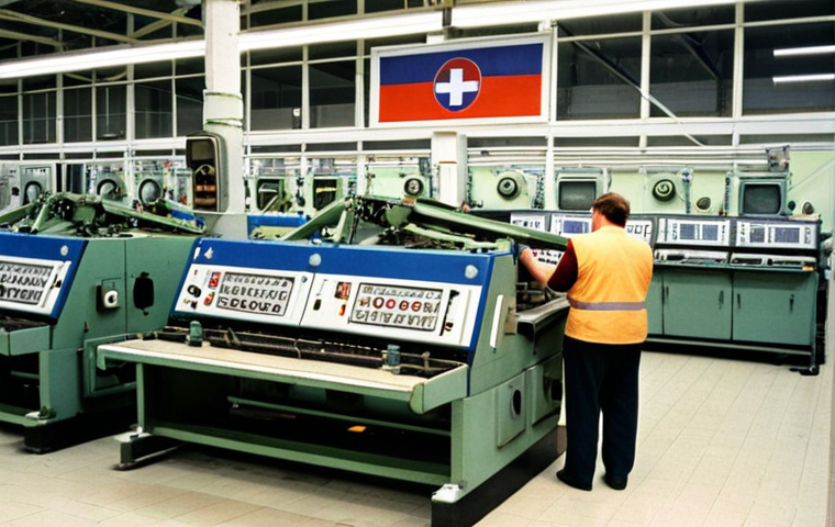 **
"A bustling Slovakian factory floor in the early 1990s, showing a mix of old, outdated machinery and newer, modern equipment being installed. Slovakian workers are being trained on the new technology, with a sense of hope and determination on their faces. In the background, a billboard displays slogans encouraging foreign investment with Euro symbols and the Slovakian flag."
**