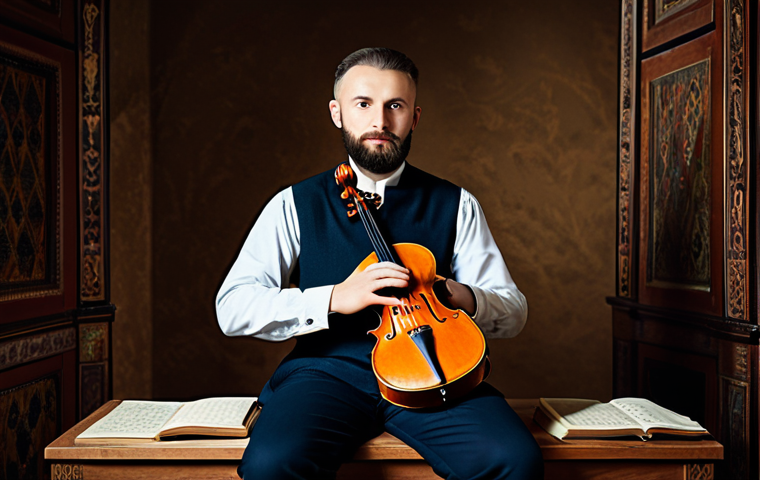 "A professional musician, Alexander Doxlav, composing music inspired by cultural heritage, featuring folk melodies and traditional instruments, fully clothed, appropriate attire, safe for work, perfect anatomy, natural proportions, warm lighting, professional photography, high quality, family-friendly"